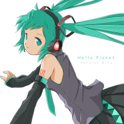 Rule 34 | 1girl, character name, detached sleeves, floating hair, green eyes, green hair, hatsune miku, headphones, headset, hello planet (vocaloid), highres, kowiru, matching hair/eyes, necktie, simple background, solo, twintails, vocaloid, white background