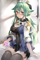 Rule 34 | 1girl, absurdres, animal ears, black thighhighs, breasts, brown eyes, garter straps, genshin impact, glasses, green hair, highres, kyoro ina, long hair, looking at viewer, medium breasts, open mouth, solo, sucrose (genshin impact), thighhighs, vision (genshin impact)