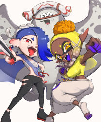 Rule 34 | 2girls, :d, ass, bandages, big man (splatoon), black footwear, black pants, blonde hair, blue hair, chest sarashi, clenched hands, commentary request, dark skin, fangs, frye (splatoon), gluteal fold, gonzarez, grey background, highres, holding, inkling, leggings, looking at viewer, manta ray, midriff, multiple girls, navel, nintendo, octoling, open mouth, pants, red eyes, sarashi, shawl, shirt, shiver (splatoon), shoes, short hair, simple background, sleeveless, sleeveless shirt, smile, splatoon (series), splatoon 3, stomach, strapless, thighs, tongue, tongue out, tube top, white pants, yellow eyes, yellow shirt