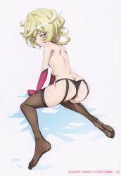 Rule 34 | 1girl, absurdres, ass, bare back, blonde hair, blue eyes, blush, braid, braided ponytail, butt crack, carol malus dienheim, clothing cutout, comiket 102, elbow gloves, english text, feet, from behind, fujikawa daichi, garter straps, gloves, highres, legs, looking at viewer, looking back, no shoes, purple gloves, ribs, senki zesshou symphogear, shiny skin, short hair, side cutout, sideless outfit, soles, solo, toes