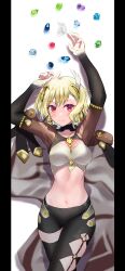 Rule 34 | 1girl, absurdres, arms up, asymmetrical clothes, black pants, black thighhighs, blonde hair, breasts, citrinne (fire emblem), commentary, cowboy shot, crop top, earrings, feather hair ornament, feathers, fire emblem, fire emblem engage, gem, hair ornament, highres, hoop earrings, jewelry, large breasts, leggings, long sleeves, looking at viewer, midriff, mu tu bu, navel, nintendo, pants, red eyes, short hair, single pantsleg, single thighhigh, solo, standing, stomach, thighhighs, white background
