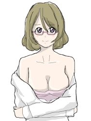 Rule 34 | 1girl, artist name, artist request, bare shoulders, blush, breasts, brown hair, cleavage, collarbone, female focus, glasses, hair between eyes, koizumi hanayo, long sleeves, looking at viewer, love live!, love live! school idol project, medium breasts, parted lips, purple eyes, semi-rimless eyewear, shirt, short hair, smile, solo, upper body, white background, white shirt