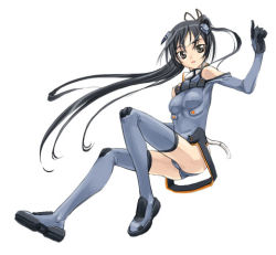 Rule 34 | 00s, 1girl, :o, ass, bare shoulders, black eyes, blue footwear, blue gloves, blue thighhighs, boots, breasts, cable, elbow gloves, from side, full body, gloves, hair ribbon, halterneck, hand up, headgear, ichijou eika, index finger raised, knee up, leotard, long hair, lowres, motionslit, open mouth, parted bangs, pilot suit, ponytail, ribbon, satou atsuki, sky girls, small breasts, solo, thigh boots, thighhighs, turtleneck, very long hair