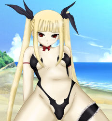 Rule 34 | 1girl, arc system works, armlet, bare shoulders, beach, blazblue, blonde hair, breasts, choker, day, frills, groin, hair tubes, long hair, navel, ocean, rachel alucard, red eyes, seraphina, small breasts, solo, swimsuit, thigh strap, twintails