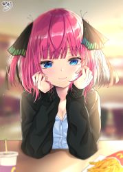 Rule 34 | 1girl, akino ell, black jacket, black ribbon, blue eyes, blurry, blurry background, blush, brand name imitation, breasts, cleavage, closed mouth, collarbone, commentary request, cup, depth of field, disposable cup, dress shirt, elbows on table, fast food, food, french fries, go-toubun no hanayome, hair ribbon, head in hand, head rest, highres, indoors, jacket, long sleeves, mcdonald&#039;s, medium breasts, nail polish, nakano nino, open clothes, open jacket, pink hair, ribbon, shirt, signature, sleeves past wrists, smile, solo, table, two side up, upper body, white shirt