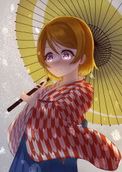 Rule 34 | 1girl, absurdres, artist name, artist request, blue hakama, blush, breasts, brown hair, close-up, female focus, grey background, hair between eyes, hakama, hakama skirt, highres, holding, holding umbrella, japanese clothes, kimono, koizumi hanayo, long sleeves, looking at viewer, love live!, love live! school idol project, medium breasts, parted lips, purple eyes, red kimono, short hair, skirt, smile, solo, umbrella, wide sleeves