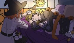 Rule 34 | 1boy, 1girl, ahoge, bed sheet, belt, black jacket, black pantyhose, blonde hair, commentary request, crescent, crescent pin, earrings, fate/grand order, fate (series), fujimaru ritsuka (female), ghost, gilgamesh (fate), grey skirt, halloween, halloween costume, hat, jack-o&#039;-lantern, jacket, jewelry, long sleeves, lying, mi (pic52pic), necklace, official alternate costume, on bed, on side, one eye closed, orange eyes, orange hair, pants, pantyhose, pillow, pleated skirt, pumpkin, red eyes, skirt, white jacket, white pants, witch hat