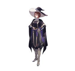Rule 34 | 1girl, absurdres, boots, breasts, bridal gauntlets, brown eyes, brown hair, cape, closed mouth, commentary, fire emblem, fire emblem awakening, fire emblem heroes, full body, glasses, hair ornament, hand on own hip, hat, highres, hirooka masaki, knee boots, long sleeves, looking at viewer, medium breasts, miriel (fire emblem), nintendo, official art, pants, pants tucked in, pelvic curtain, semi-rimless eyewear, short hair, simple background, smile, solo, standing, turtleneck, white background, wizard hat