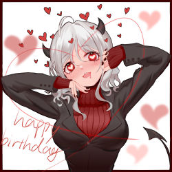 Rule 34 | 1girl, ahoge, black horns, black nails, black suit, blush, breasts, demon girl, demon tail, drooling, formal, happy birthday, head tilt, heart, heart-shaped pupils, helltaker, highres, horns, large breasts, long sleeves, looking at viewer, modeus (helltaker), nail polish, open mouth, red eyes, red sweater, ribbed sweater, saliva, short hair, solo, suit, sweater, symbol-shaped pupils, tail, turtleneck, turtleneck sweater, upper body, vanink, white hair