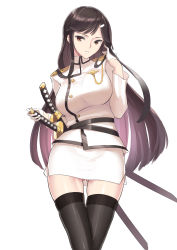 Rule 34 | 1girl, absurdres, black hair, black thighhighs, breasts, brown eyes, buttons, ccjn, commentary request, gloves, hair ornament, hairclip, highres, katana, large breasts, long hair, long sleeves, looking at viewer, military, military uniform, miniskirt, original, pencil skirt, simple background, skirt, solo, sword, thighhighs, uniform, weapon, white background, white gloves