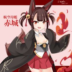 Rule 34 | +++, 1girl, :d, akagi-chan (azur lane), akagi (azur lane), animal ear fluff, animal ears, azur lane, bell, breasts, brown hair, commentary request, dated, fang, fingernails, fire, fox ears, fox girl, fox tail, hair bell, hair ornament, hands up, hebitsukai-san, highres, jingle bell, kitsune, long sleeves, looking at viewer, open mouth, pleated skirt, red eyes, red skirt, sidelocks, skirt, sleeves past wrists, small breasts, smile, solo, strapless, tail, translation request, twitter username, two side up