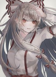 Rule 34 | 1girl, arm up, blunt bangs, blurry, blush, bow, breasts, depth of field, ear piercing, earrings, fujiwara no mokou, grey background, hair bow, hair ribbon, hand up, highres, jewelry, long hair, long sleeves, looking ahead, looking to the side, medium breasts, parted lips, piercing, red eyes, ribbon, shirt, silver hair, simple background, smile, solo, suspenders, touhou, tress ribbon, upper body, very long hair, white bow, white shirt, yoruyoru (ersu4883)