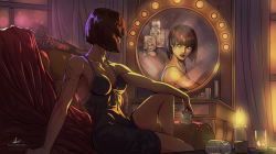 Rule 34 | 1girl, anna williams, breasts, brown hair, couch, glass, highres, mirror, namco, nightgown, nipples, sitting, solo, tekken
