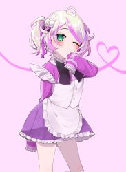 Rule 34 | 1girl, ahoge, apron, arm behind back, black bow, black bowtie, blonde hair, blush, bow, bowtie, commentary request, frilled apron, frilled skirt, frills, green eyes, hair bow, hakuusummer, hand on own cheek, hand on own face, heart, highres, idolmaster, idolmaster cinderella girls, jacket, light smile, looking at viewer, medium hair, multicolored hair, one eye closed, pink background, pink hair, pink jacket, puffy cheeks, purple skirt, sidelocks, skirt, sleeves past fingers, sleeves past wrists, solo, thighs, track jacket, twintails, two-tone hair, white apron, yusa kozue