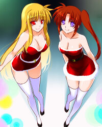 Rule 34 | 2girls, arms behind back, bare shoulders, belt, black belt, black footwear, blonde hair, breasts, brown hair, christmas, cleavage, closed mouth, commentary, dress, engo (aquawatery), fate testarossa, flats, fur-trimmed dress, fur trim, highres, large breasts, leaning forward, long hair, looking at viewer, lyrical nanoha, mahou shoujo lyrical nanoha, mahou shoujo lyrical nanoha strikers, medium breasts, microdress, multiple girls, purple eyes, red eyes, santa dress, side-by-side, side ponytail, sidelocks, smile, standing, standing on one leg, strapless, strapless dress, takamachi nanoha, thighhighs, very long hair, white belt, white thighhighs