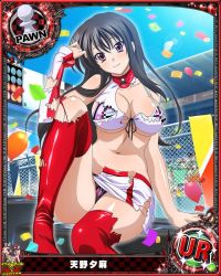 Rule 34 | 10s, 1girl, artist request, black hair, boots, card (medium), character name, chess piece, high school dxd, official art, pawn (chess), purple eyes, race queen, raynare, red footwear, red thighhighs, solo, thigh boots, thighhighs, torn clothes, trading card, underwear