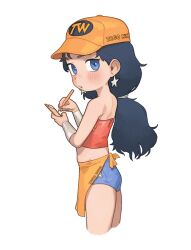 Rule 34 | 1girl, aged down, apron, baseball cap, black hair, blue eyes, blush, child, commentary, cropped legs, dc comics, earrings, hat, highres, jewelry, looking at viewer, low ponytail, opossumachine, orange apron, orange hat, simple background, solo, star (symbol), star earrings, uniform, waitress, white background, wonder woman, wonder woman (series), writing