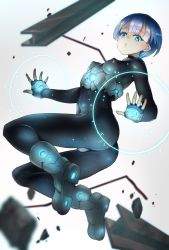 Rule 34 | 1girl, :o, ass, bad id, bad pixiv id, beam, blue eyes, blue hair, bodysuit, boots, breasts, covered erect nipples, covered navel, debris, flying, full body, highres, kuzu (miduhana), looking at viewer, looking back, medium breasts, original, short hair, skin tight, solo