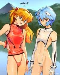 Rule 34 | 2girls, adapted costume, ayanami rei, blue eyes, blue hair, bracelet, breasts, commentary, cyberpunk, day, elbow gloves, english commentary, english text, gloves, hand on hip, highleg, highleg panties, highleg swimsuit, interface headset, jewelry, looking at viewer, micro panties, multiple girls, navel, neon genesis evangelion, optionaltypo, orange hair, panties, pyramid, rebuild of evangelion, red eyes, revealing clothes, see-through, small breasts, soryu asuka langley, suspenders, swimsuit, underwear, upper teeth, white gloves