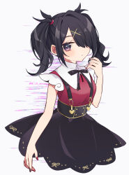Rule 34 | 1girl, ame-chan (needy girl overdose), black eyes, black hair, black nails, black ribbon, black skirt, blush, collared shirt, cropped legs, expressionless, glitch, hair ornament, hair over one eye, hair tie, highres, jirai kei, looking at viewer, medium hair, multicolored nails, naka, neck ribbon, needy girl overdose, parted lips, red nails, red shirt, ribbon, shirt, shirt tucked in, skirt, solo, suspender skirt, suspenders, twintails, white background, x hair ornament