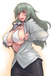 Rule 34 | 1girl, bikini, bikini top only, bikini under clothes, blush, breasts, cleavage, large breasts, long hair, aged up, open clothes, open shirt, red eyes, rozen maiden, shirt, sideboob, silver hair, skindentation, smile, solo, strap gap, suigintou, swimsuit, swimsuit under clothes, tsuda nanafushi, white bikini