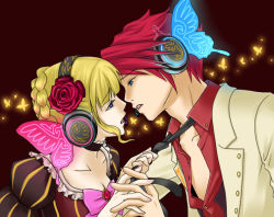 Rule 34 | 1boy, 1girl, aikabocha, bad id, bad pixiv id, beatrice (umineko), bow, bug, butterfly, eye contact, face-to-face, headphones, insect, looking at another, magnet (vocaloid), necktie, parody, pink bow, umineko no naku koro ni, ushiromiya battler, vocaloid