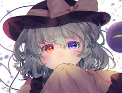 Rule 34 | 1girl, alternate eye color, aqua hair, black hat, blue eyes, blurry, blurry background, colored eyelashes, commentary request, covering own mouth, frilled shirt collar, frilled sleeves, frills, hair between eyes, hat, hat ribbon, head tilt, heart, heart-shaped pupils, heart of string, heterochromia, highres, kemo chiharu, komeiji koishi, looking at viewer, petals, red eyes, ribbon, shirt, short hair, signature, sleeves past fingers, sleeves past wrists, solo, symbol-shaped pupils, third eye, touhou, upper body, white background, yellow shirt