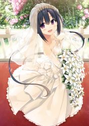 Rule 34 | 1girl, :d, absurdres, bare shoulders, black hair, blush, bouquet, breasts, bridal veil, bride, collarbone, cura, detached sleeves, dress, flower, frilled dress, frills, hair between eyes, hand on own chest, hand up, hayase fukami, highres, holding, holding bouquet, jewelry, long hair, long sleeves, looking at viewer, looking to the side, maitetsu, open mouth, pink flower, pink rose, pleated dress, purple eyes, railing, ring, rose, see-through, sidelocks, sleeves past wrists, small breasts, smile, solo, standing, strapless, strapless dress, twintails, veil, very long hair, wedding band, wedding dress, white dress, white flower