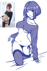 Rule 34 | 1girl, absurdres, arm support, asian, bed, bikini, bikini pull, black bikini, black sweater, black thighhighs, breasts, brown eyes, brown hair, choker, clothes pull, collarbone, comparison, curtains, earrings, highres, japanese (nationality), jewelry, large breasts, leg up, long sleeves, looking at viewer, midriff, monochrome, navel, parted lips, photo (medium), short hair, side-tie bikini bottom, sketch, smile, sweater, swimsuit, teeth, thighhighs, window, zeshgolden