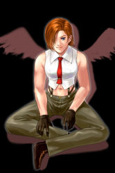 Rule 34 | 1girl, black background, blue eyes, gloves, hair over one eye, muscular, necktie, red hair, short hair, simple background, snk, solo, suspenders, the king of fighters, toned, vanessa (kof)