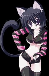 Rule 34 | 1girl, absurdres, animal ears, black hair, black x pink, breasts, cat ears, cat tail, artistic error, highres, midriff, nanao naru, open fly, purple eyes, short hair, shorts, solo, tail, thighhighs, underboob, unzipped, vector trace