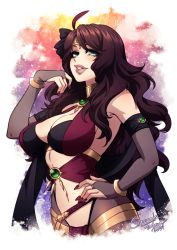 Rule 34 | 1girl, breasts, brown hair, circlet, cleavage, crescentia fortuna, dorothea arnault, dress, fingernails, fire emblem, fire emblem: three houses, green eyes, highres, large breasts, long fingernails, long hair, navel, nintendo, red dress, revealing clothes, solo, tagme