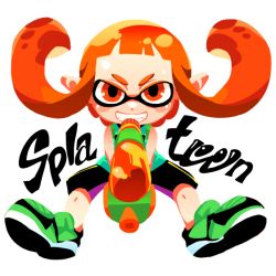 Rule 34 | 1girl, bike shorts, copyright name, full body, holding, hounori, inkling, inkling girl, inkling player character, long hair, looking at viewer, nintendo, orange hair, pointy ears, shirt, shoes, shorts, simple background, sleeveless, sleeveless shirt, smile, solo, splatoon (series), tentacle hair, weapon, white background