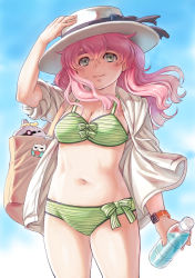 Rule 34 | 1girl, bad id, bad pixiv id, bag, bikini, blue sky, bottle, bow, bow bikini, breasts, cleavage, day, green bikini, green eyes, hat, highres, jacket, kosai takayuki, large breasts, long hair, looking at viewer, open clothes, open jacket, original, pink hair, sky, smile, solo, striped bikini, striped clothes, swimsuit, thick eyebrows, watch, wavy hair, wind, wristwatch