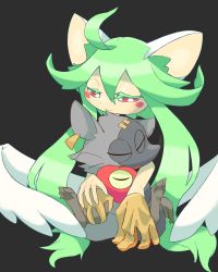 Rule 34 | 1girl, 2boys, animal ears, blush stickers, ear tag, gloves, green hair, heart (mad rat dead), highres, holding hands, hug, mad rat, mad rat dead, mouse (animal), mouse ears, mouse girl, multiple boys, nippon ichi, rat god, red eyes, wings