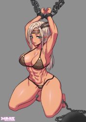 Rule 34 | 1girl, abs, armpits, bare shoulders, bikini, blue eyes, bound, bound wrists, breasts, chain, cleavage, collarbone, commentary request, cuffs, dark skin, elf, eyes visible through hair, feather hair ornament, full body, gluteal fold, grey background, hair ornament, highres, kneeling, long hair, looking at viewer, masamune oekaki, midriff, muscular, muscular female, navel, night, open mouth, original, pointy ears, shackles, simple background, sleeveless, solo, swimsuit, teeth, tongue, white hair