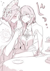 Rule 34 | 2girls, blush, breasts, buttons, byleth (female) (fire emblem), byleth (fire emblem), cape, closed eyes, closed mouth, collar, couple, cup, fire emblem, fire emblem: three houses, flower, food, greyscale, hair between eyes, hair flower, hair ornament, headwear request, highres, holding, holding cup, ikarin, long hair, looking at another, medium hair, monochrome, multiple girls, nintendo, parted lips, rhea (fire emblem), simple background, tea, white background, yuri