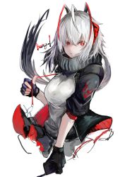Rule 34 | 1girl, ahoge, arknights, black gloves, black jacket, black scarf, breasts, commentary, controller, cropped torso, demon horns, detonator, english commentary, fingerless gloves, gloves, grey hair, grey shirt, gyoukan (jfxc), hair between eyes, hand up, highres, holding, holding remote control, horns, jacket, long hair, looking at viewer, medium breasts, open clothes, open jacket, parted lips, red eyes, remote control, scarf, shirt, simple background, solo, strap, upper body, w (arknights), white background