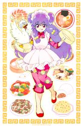 Rule 34 | 1girl, 39cva, animalization, apron, bell, bird, border, breasts, chicken, chinese clothes, curry, double bun, flats, floral print, food, fried rice, frilled apron, frills, full body, hair bell, hair between eyes, hair bun, hair ornament, highres, knees together feet apart, long hair, long sleeves, looking at viewer, maid headdress, medium breasts, mousse (ranma 1/2), noodles, pants, pink pants, pink shirt, plate, purple hair, ramen, ranma 1/2, red eyes, red footwear, shampoo (ranma 1/2), shirt, sidelocks, smile, spoon, sweatdrop, tongue, tongue out, white apron, white background