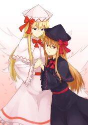 Rule 34 | 2girls, black capelet, black dress, blonde hair, blue eyes, capelet, closed mouth, commentary request, dress, fairy wings, highres, holding hands, kakone, lily black, lily white, long hair, long sleeves, looking at viewer, multiple girls, open mouth, orange hair, red eyes, smile, touhou, white capelet, white dress, wide sleeves, wings