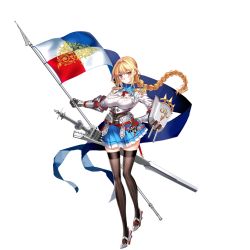 Rule 34 | 1girl, aiguillette, armor, banner, belt, blonde hair, blue eyes, blue skirt, blush, braid, breasts, brown thighhighs, cannon, closed mouth, epaulettes, flag, fleur-de-lis, french flag, full body, gauntlets, hair between eyes, hand on own hip, heterochromia, high heels, holding, jeanne d&#039;arc (warship girls r), large breasts, long hair, long sleeves, looking at viewer, machinery, medal, military, military uniform, miyazakisoul, official art, pleated skirt, red eyes, red ribbon, ribbon, seiza, shield, shirt, sitting, skirt, solo, standing, sword, thighhighs, transparent background, turret, uniform, warship girls r, weapon, white shirt, zettai ryouiki