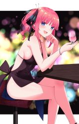 Rule 34 | 1girl, :d, bare legs, black dress, black ribbon, blue eyes, blue nails, bracelet, breasts, commentary request, crossed legs, cup, dress, drinking glass, feet out of frame, go-toubun no hanayome, hair ribbon, hand on own cheek, hand on own face, hands up, head rest, highres, holding, holding cup, jewelry, large breasts, long hair, looking at viewer, nail polish, nakano nino, open mouth, pink hair, profnote, ribbon, side ponytail, sideboob, sidelocks, sitting, sleeveless, sleeveless dress, smile, solo
