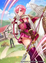 Rule 34 | 1boy, 1girl, abel (fire emblem), armor, ass, belt, bird, blue sky, boots, breastplate, closed mouth, cloud, cloudy sky, company connection, copyright name, day, dress, elbow gloves, est (fire emblem), feathered wings, fire emblem, fire emblem: mystery of the emblem, fire emblem cipher, gloves, grass, hands on own hips, headband, holding, holding weapon, house, husband and wife, lips, looking at viewer, looking back, matsurika youko, nintendo, official art, outdoors, pants, pegasus, pegasus knight uniform (fire emblem), pink eyes, pink hair, polearm, rainbow, sheath, sheathed, shiny clothes, shiny skin, short dress, short hair, short sleeves, shoulder armor, sky, sleeveless, smile, sparkle, spear, sword, thighhighs, weapon, wings, zettai ryouiki