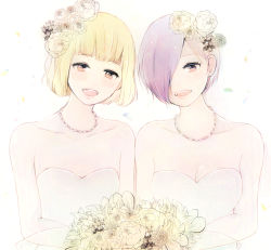 Rule 34 | 2girls, :d, absurdres, bad id, bad pixiv id, bare shoulders, blonde hair, blush, bouquet, breasts, brown eyes, cleavage, collarbone, dress, flower, hair flower, hair ornament, hair over one eye, highres, holding, holding bouquet, jewelry, kirishima touka, kosaka yoriko, large breasts, multiple girls, necklace, open mouth, purple hair, short hair, simple background, smile, teeth, tokyo ghoul, toukaairab, upper body, upper teeth only, wedding dress, white background, white flower, yellow flower