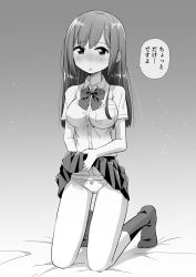 Rule 34 | 1girl, bed sheet, blush, bow, bow panties, bowtie, clothes lift, commentary, dress shirt, full body, greyscale, half-closed eyes, highres, kneeling, lifted by self, light frown, long hair, looking at viewer, monochrome, on bed, open mouth, original, panties, school uniform, shadow, shirt, short sleeves, skirt, skirt lift, socks, solo, straight hair, takeuchi motoki, translated, underwear, wing collar
