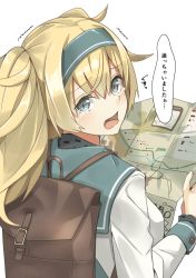 Rule 34 | 1girl, alternate costume, backpack, bag, blonde hair, blue eyes, gambier bay (kancolle), hair between eyes, highres, holding, holding map, kantai collection, long hair, long sleeves, map, negahami, open mouth, simple background, solo, speech bubble, tears, translated, twintails, white background