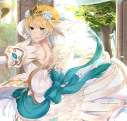 Rule 34 | 1girl, blonde hair, blue eyes, bride, crown, dress, earrings, fire emblem, fire emblem heroes, fjorm (fire emblem), from side, haru (nakajou-28), highres, jewelry, looking to the side, nintendo, parted lips, petals, short hair, solo, tree, wedding dress, white dress