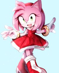 Rule 34 | 1girl, absurdres, amy rose, animal ears, animal nose, artist name, bare shoulders, blue background, boots, bracelet, breasts, dress, eyelashes, furry, furry female, gloves, gold bracelet, green eyes, hairband, hands up, hedgehog ears, hedgehog girl, hedgehog tail, highres, jewelry, looking at viewer, medium breasts, open mouth, pink fur, red dress, red footwear, red hairband, simg0125, simple background, sleeveless, sleeveless dress, smile, socks, solo, sonic (series), standing, tail, teeth, tongue, white gloves, white socks