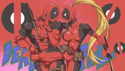 Rule 34 | 1boy, 1girl, abs, animification, belt, blonde hair, bodysuit, breasts, character name, collar, collarbone, deadpool, deadpool (series), genderswap, genderswap (mtf), holding, holding sword, holding weapon, katana, lady deadpool, large breasts, long hair, marvel, mask, multiple persona, muscular, navel, ponytail, pouch, superhero costume, sword, very long hair, weapon, yuto (dialique)