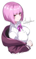 Rule 34 | 1girl, blush, bow, breasts, gridman universe, highres, jacket, large breasts, light purple hair, long sleeves, looking at viewer, purple bow, purple jacket, shinjou akane, short hair, simple background, smile, solo, spider apple, ssss.gridman, white background